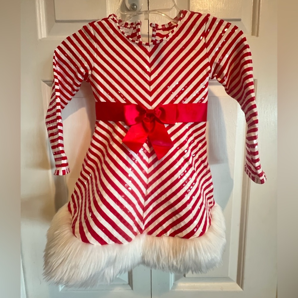 Sequin Covered❤️Striped Dress w Red Bow and Fluffy, Furry Hem Trim